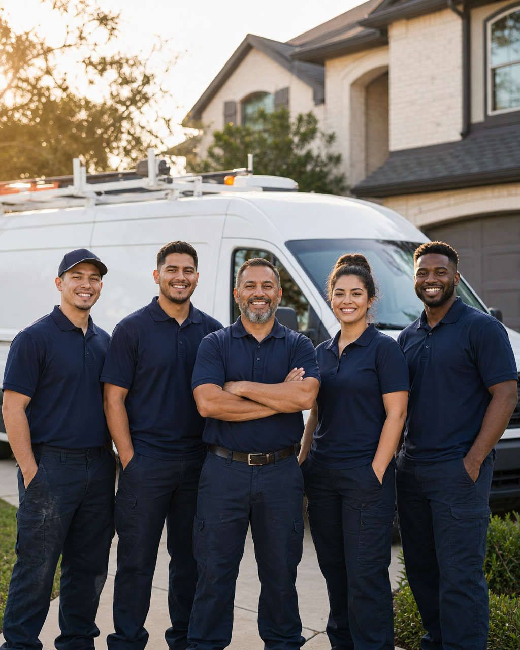 The Mission Air Conditioning and Plumbing team of technicians in matching navy polos outside a Houston home