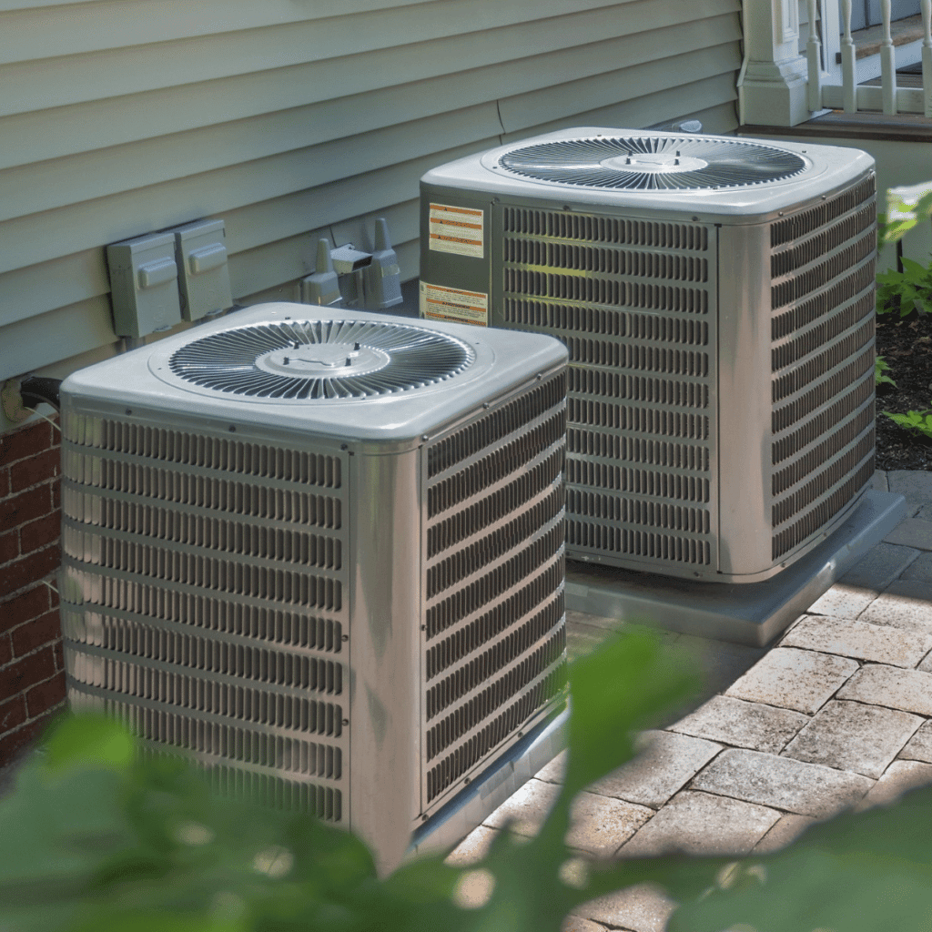 Clean outdoor AC condenser units installed against a Houston home